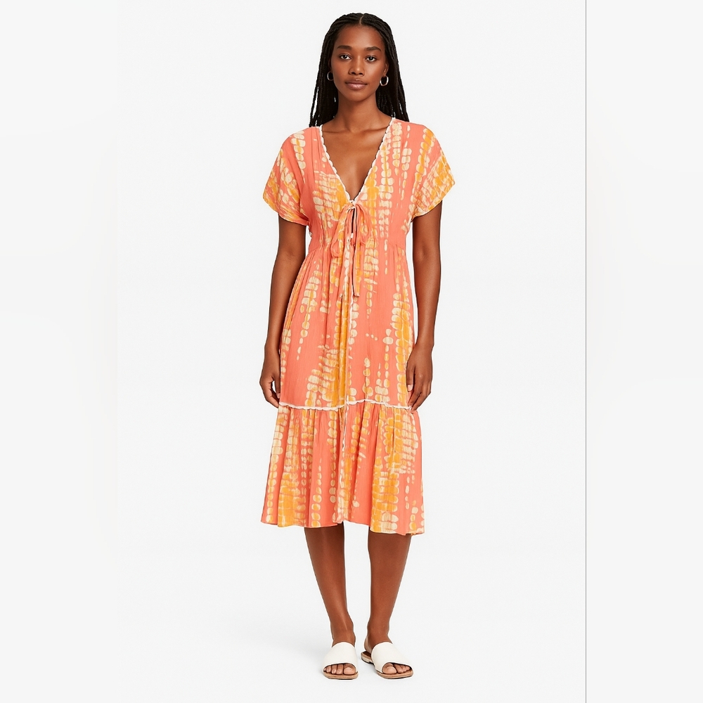 Blue Island Tie Dye Rayon Maxi Dress Pink Yellow M Boho Beach